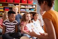 Group Of Elementary School Pupils Sitting On Floor Listening To Female Teacher Read Story Royalty Free Stock Photo