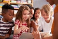 Group Of Elementary School Pupils Sitting On Floor Listening To Female Teacher Read Story Royalty Free Stock Photo