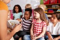 Group Of Elementary School Pupils Sitting On Floor Listening To Female Teacher Read Story