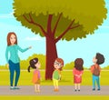 Group elementary school on walk, boy and girl and female teacher in playground in cartoon style