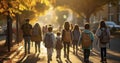 A Group of Elementary Students Walking to School, Viewed from Behind