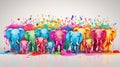 a group of elephants standing next to each other in front of a group of colorful paint splattered walls