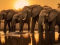 A group of elephants standing next to each other at a watering hole. AI generative image. Royalty Free Stock Photo