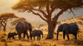 a group of elephants that are under some tree branches to eat