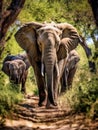 Group of elephants walking down dirt road Royalty Free Stock Photo