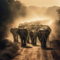 A Group of Elephants Walking Down a Dusty Road in the Dark, Kicking Up Dust as They Go. Generative AI