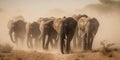 A group of elephants walking through the savanna, kicking up dust, concept of Wildlife Migration, created with Royalty Free Stock Photo