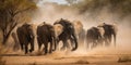 A group of elephants walking through the savanna, kicking up dust, concept of Wildlife Migration, created with Royalty Free Stock Photo