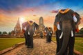 A Group of elephants at Wat Chaiwatthanaram temple in Ayuthaya Historical Park, a UNESCO world heritage site Royalty Free Stock Photo