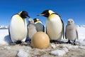 group of emperor penguins with eggs at their feet on ice Royalty Free Stock Photo