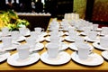 Group of empty coffee cups.Many of white cup for service tea or coffee in breakfast or buffet and seminar event. white cup in Royalty Free Stock Photo