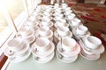 Group of empty coffee cups.Many of white cup for service tea or coffee in breakfast or buffet and seminar event. white cup in Royalty Free Stock Photo