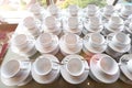 Group of empty coffee cups.Many of white cup for service tea or coffee in breakfast or buffet and seminar event. white cup in Royalty Free Stock Photo