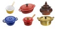 Group of enamel and wooden pot on white background Royalty Free Stock Photo