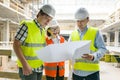 Group of engineers, builders, architects on the building site. Construction, development, teamwork and people concept Royalty Free Stock Photo