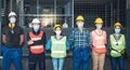A group of engineers, technicians Asian and Caucasian, Standing at the door of an industrial factory