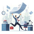 Happy office workers throw papers in the air and celebrate success.
