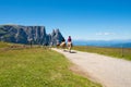 Dolomites, equestrians riding in the wideness of Alpine landscape of Seiser Alm, Alpe de Siusi, South Tyrol, Italy