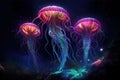 Group of ethereal jellyfish float gracefully through the depths of space, their bioluminescent tentacles illuminating the vast