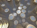 Group of euro coin piles, money hoard, wide-angle