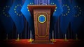 Group of European Union flags standing next to lectern in the conference hall. 3D illustration