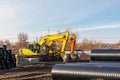 Group of excavator working on construction site. construction of sewage, sewer, storm pipelines and industrial systems