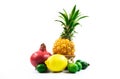 Group of exotic fruits together, bunch, wicker basket and assorted, on white isolated background close up