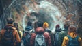 A group of explorers all facing away from the camera stand in a huddle as they strategize and plan next move before