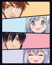 Group of faces young people anime style characters Royalty Free Stock Photo