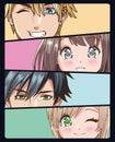 Group of faces young people anime style characters Royalty Free Stock Photo