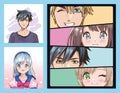 Group of faces young people anime style characters Royalty Free Stock Photo