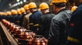 Group of factory workers in hardhats and safety helmets at work. Generative AI