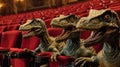 A group of fake dinosaurs sitting on top of a red chair, group of young t-rex dinos in movie theater.