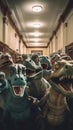 A group of fake dinosaurs standing next to each other. Generative AI image.