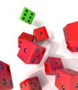 Group of falling red dices with one winning green Royalty Free Stock Photo