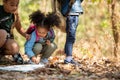 Group family children checking map for explore and find directions in the camping jungle nature and adventure. Royalty Free Stock Photo