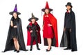 Group of family in fancy costume multiple style on white background. Concept for funny activity in halloween festival