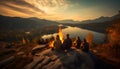 Group family and friends Go out set up tent and camping on fire, surrounded blazing fire with fuN. Sit and look view of valley and