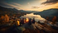 Group family and friends Go out set up tent and camping on fire, surrounded blazing fire with fuN. Sit and look view of valley and