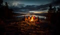 Group family and friends Go out set up tent and camping on fire, surrounded blazing fire with fuN. Sit and look view of valley and