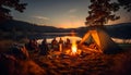 Group family and friends Go out set up tent and camping on fire, surrounded blazing fire with fuN. Sit and look view of valley and