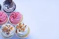 Group of fancy cup cakes on wooden table, birthday celebration concept Royalty Free Stock Photo