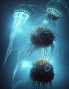 Group of fantasy glowing jellyfish in deep sea waters