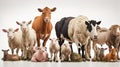 Group of farm animals cow, sheep, horse, donkey, chicken, lamb, ewe, goat, pig in front of a white background