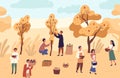 Group of farmer people picking seasonal fruits from trees at garden vector flat illustration. Man and woman at orchard Royalty Free Stock Photo
