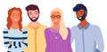 Group of fashion cartoon young people. Stylish bearded men and pretty women standing together