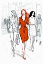 Group of fashionable women shopping standing together vector sketch illustration