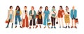 Group of fashionable women standing together vector flat illustration. Stylish female characters in modern casual