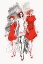 Group of fashionable women standing together vector sketch illustration