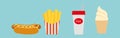Group Of Fast Food Products. Fast food items-hamburger, fries, hotdog, drink